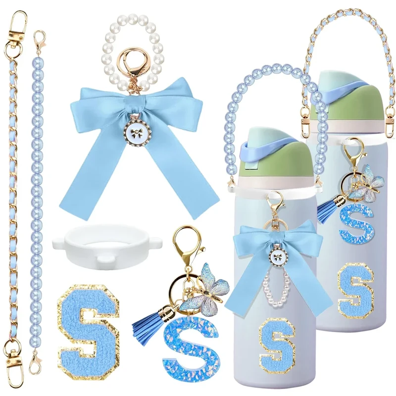 Mengayadi 6Pcs Letter Accessories for Owala Water Bottle 24oz 32oz 40oz, with Cute Initial Charm and Handle Strap, Compatible with Owala Free Sip, Kids Bottle,Stanley Cup Accessories (S, Blue)