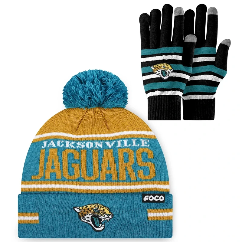 FOCO Jacksonville Jaguars NFL Stretch Glove & Big Wordmark Stripe Pom Beanie - Bundle