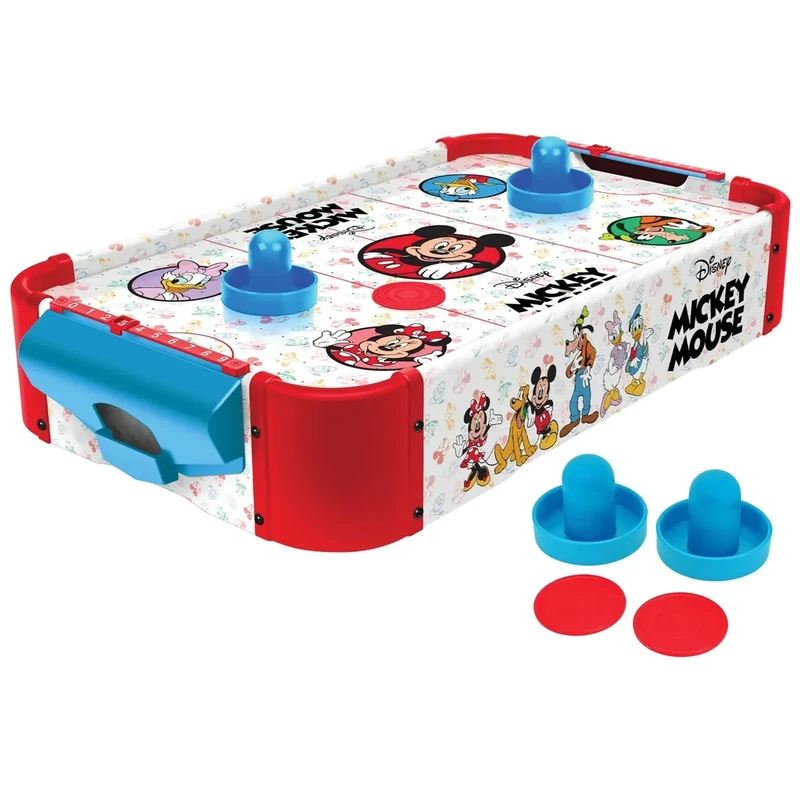World Tech Toys Mickey Mouse, Minnie, Donald, Daisy & Goofy Air Hockey Table for Kids - Wooden Tabletop Game with Puck, Pushers & Air Flow System - Disney Licensed - 4+