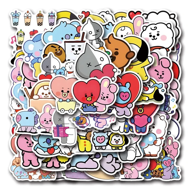 Cute Cartoon Vinyl Waterproof BT21 Stickers for Kids 55pcs Cartoon BTS Stickers for Water Bottle, Laptop,Bumper,Skateboard,Water Bottles,Computer,Phone,Sticker for Kids Teens Adult