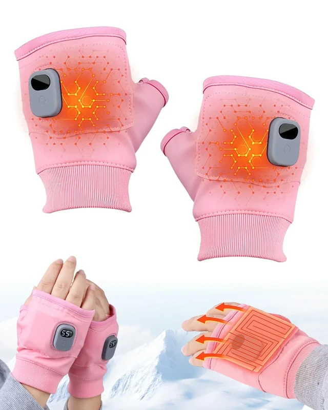 Rechargeable Heated Gloves for Women Men, 2026 Upgraded Smart Thermostatic Fingerless Heating Gloves, Electric Hand Warmers for Work Indoor Outdoor Winter Essentials (Pink)