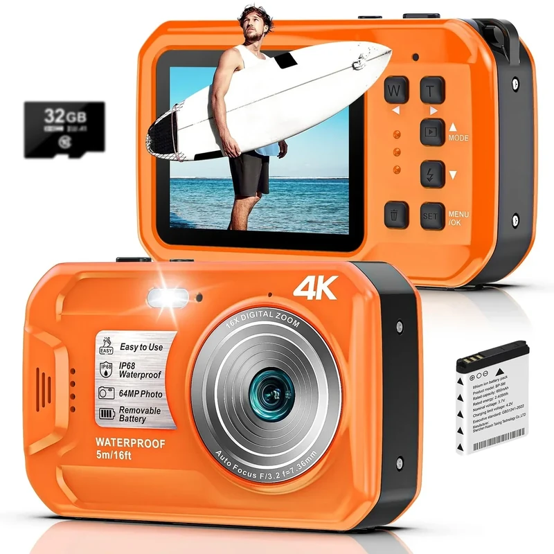 Yifecial 4K 64MP Underwater Camera - 16FT Floatable 16X Zoom, 32GB
