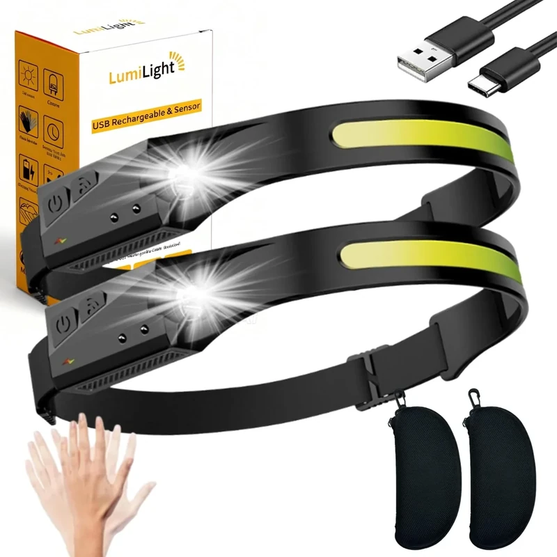 LumiLight LED Headlamp Rechargeable, Lumi Light LED Head Band Headlamp, 230° Wide Beam Head Lamp with Motion Sensor for Adults, 5 Mode Waterproof Lightweight Outdoor Camping Hiking Essentials (2pcs)