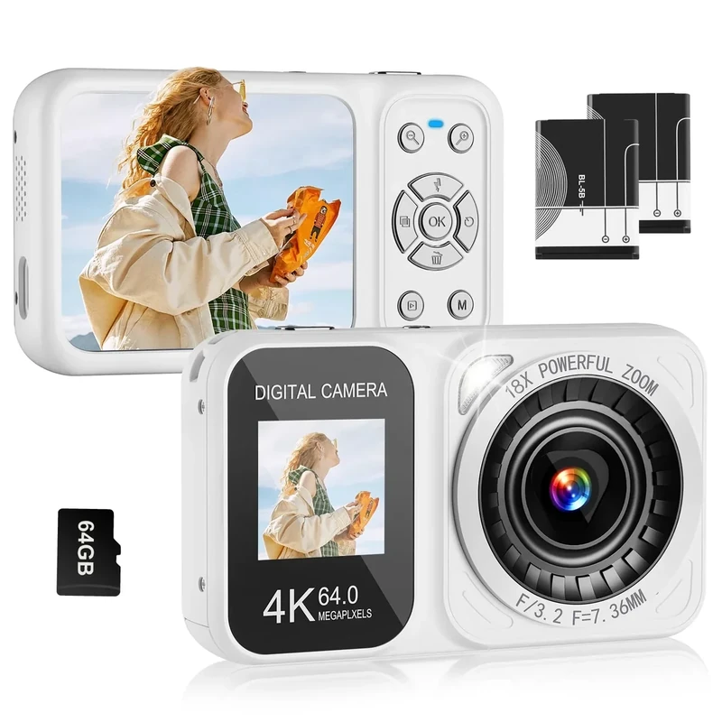QUOLODOO Digital Camera, 4K 64MP Dual Screens Camera, 18X Zoom, Point and Shoot Digital Camera with 64GB TF Card & 2 Batteries, Portable Rechargeable Small Camera for Kids Teens Adult (White) - Image 1