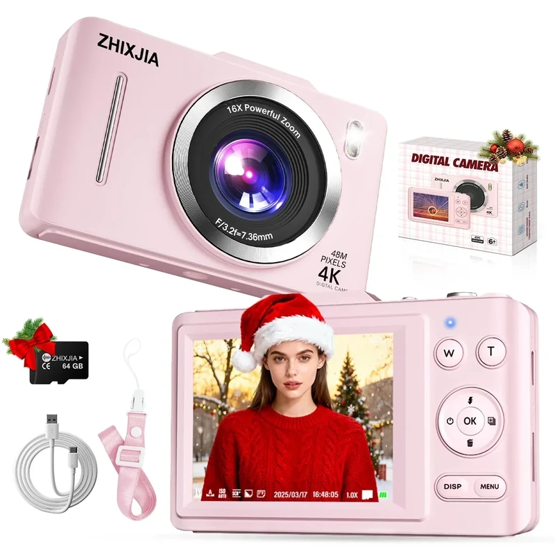 ZHIXJIA 4K 48MP 16X Zoom Point & Shoot Camera with 64GB Card - Pink