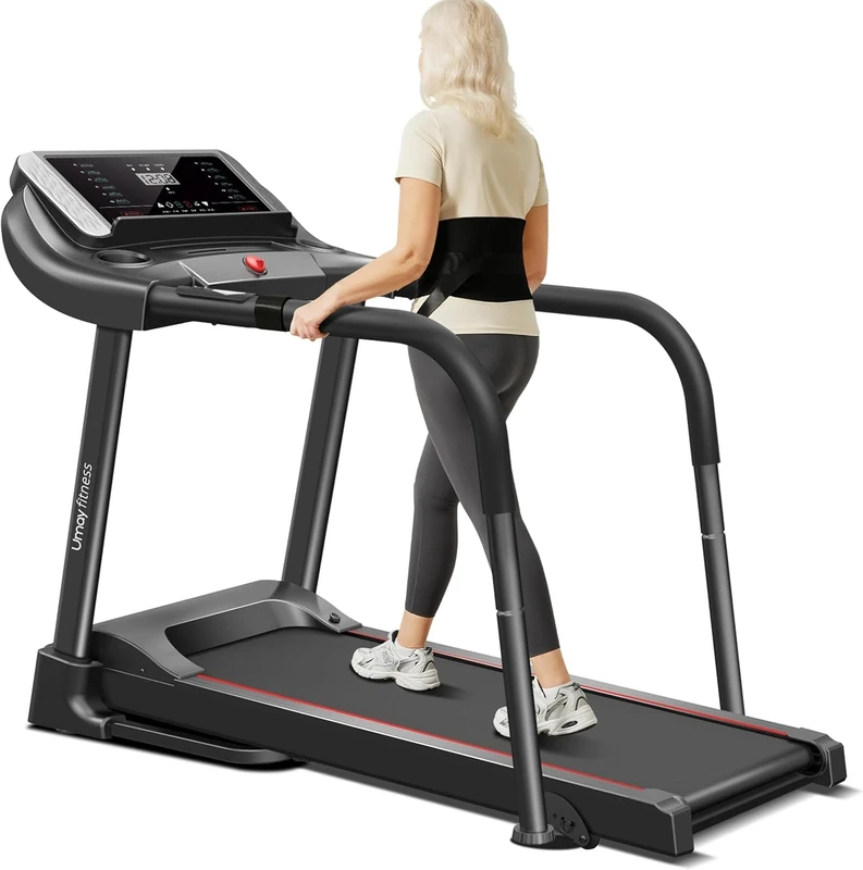 UMAY Treadmill with 20% Auto/Manual Incline,Foldable Compact Treadmills for Home with Pulse Sensors,Max 300/400 LBS Capacity,3.0/3.5HP Quiet Brushless Max 8.7MPH (Black 0% Incline with handrails)