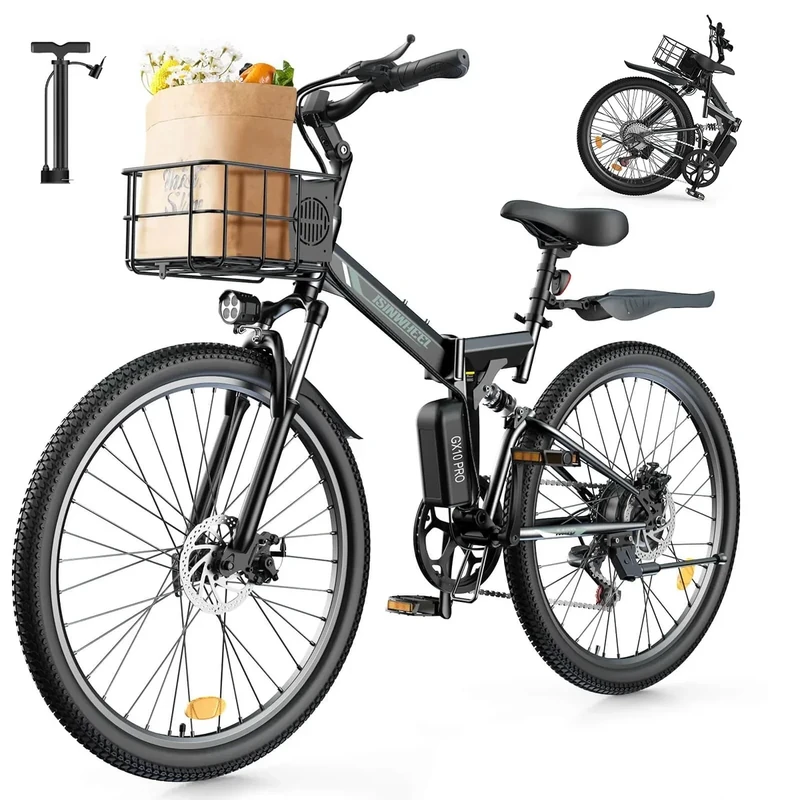 isinwheel M40 Folding Electric Bike for Adults 500W Ebike with Basket, Dual USB Charging Ports, Full Suspension, 7 Speed Gearshift, 20mph Foldable Electric Bicycles, 26" Electric Mountain Bicycles