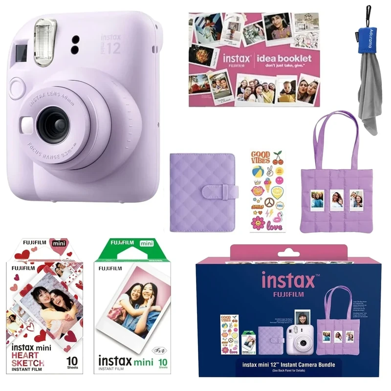 Fujifilm Instax Mini 12 Instant Film Camera All Included Holiday Bundle 2025 + Heart Sketch Instant Film 10 Exposures (Lilac Purple)