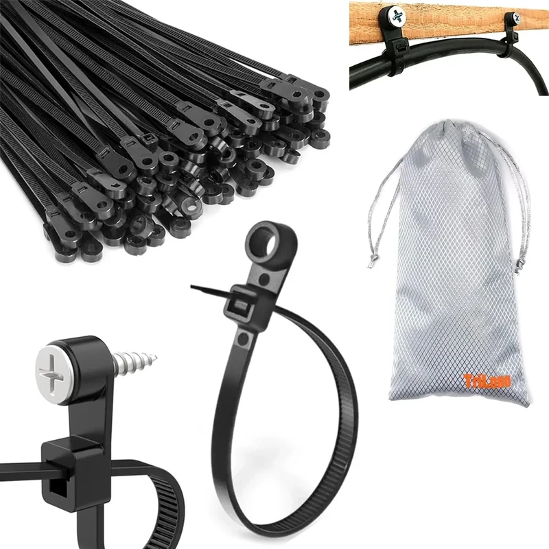 8in Nylon Universal Cable Tie,Multipurpose 2026 Upgraded Heavy Duty Black Zip Ties with Screw Hole 75lbs Mountable head Cable Ties management for Indoor & Outdoor Use (Hole Tie 100Pcs)