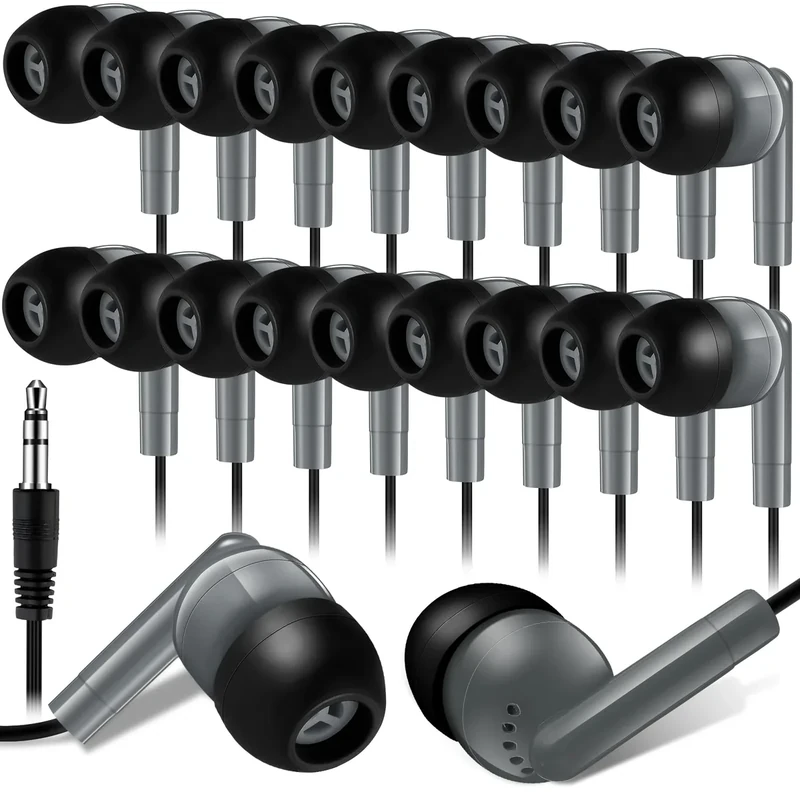 Kanayu 50 Pack Wired Earbuds Bulk for Classroom Ear Headphones Wired Basic Student Earbuds No Microphone with 3.5MM Jack for Class Laptop School Library, Individually Bagged (Gray)