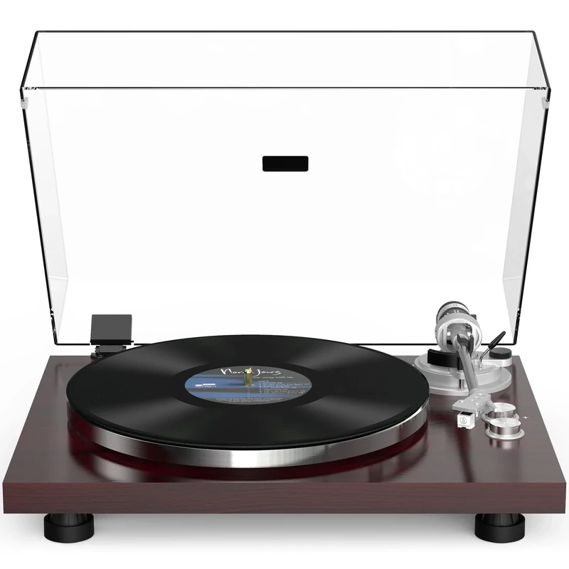 Record Player Turntable Wireless Output Vintage Vinyl Player Aluminium Platter Carbon Fiber Tonearm Belt-Drive 33 45 RPM Phono Audio AT-3600L MM Cartridge RCA Line Anti-Skate Pitch Control Walnut Red