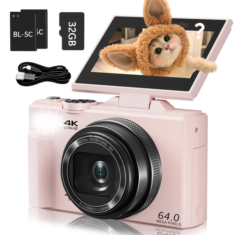 4K Digital Camera for Photography and Vlogging, YouTube Camera with 3" 180° Flip Screen, Autofocus, WiFi, 18X Zoom, Flash, 2 Batteries & 32GB SD Card
