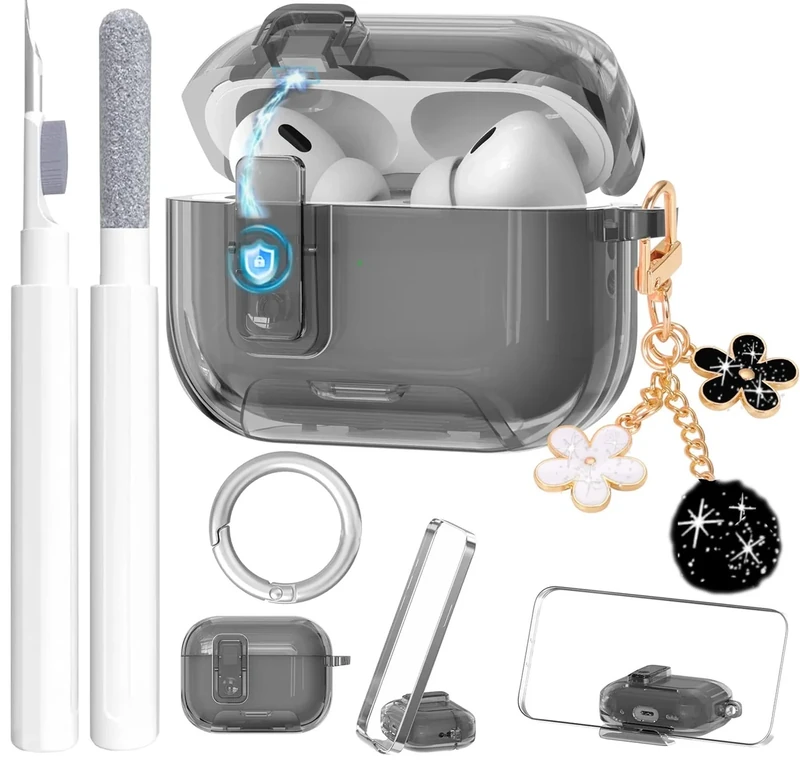 Cute Clear Lock Case for Airpods Pro 3 Cover with Phone Stand for Girl Women with Pom pom Flower Charms& Cleaner Kit, Soft TPU Airpods iPod Pro 3rd Gen Protective Cover Skin for Airpod Pro 3 2025