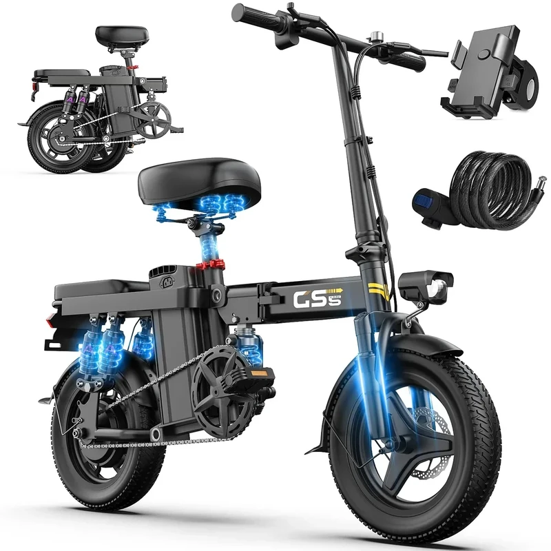 Heavy-Duty Foldable Electric Bike for Adults with 7 Shock Suspension, 500+ lbs Capacity, 740W Motor, 25MPH, 720Wh Battery, 20-Mile Range, 14“ Fat Tires Commuter Bicycle for Road & Mountain Riding