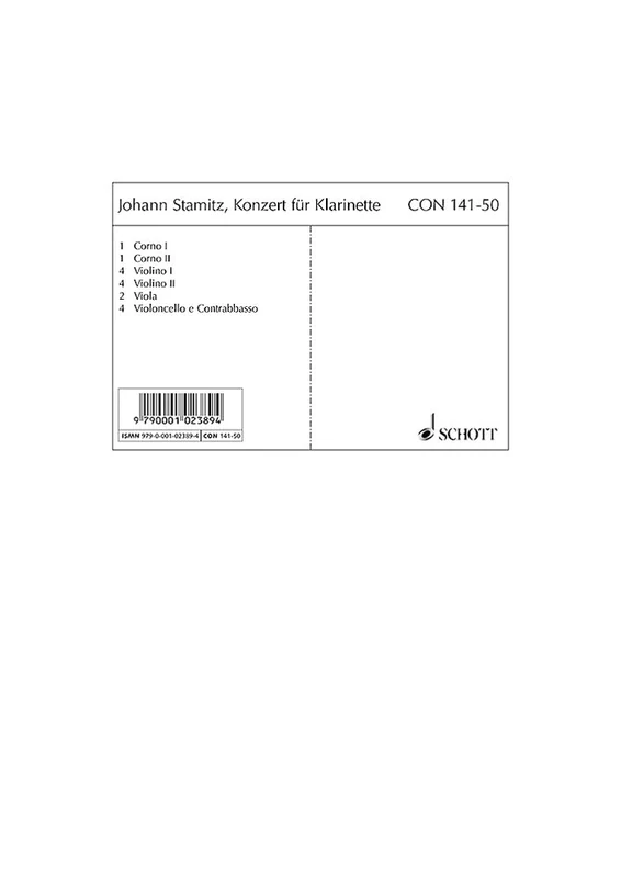 Concerto Bb major: clarinet and string orchestra; 2 horns ad libitum. Jeu de parties.