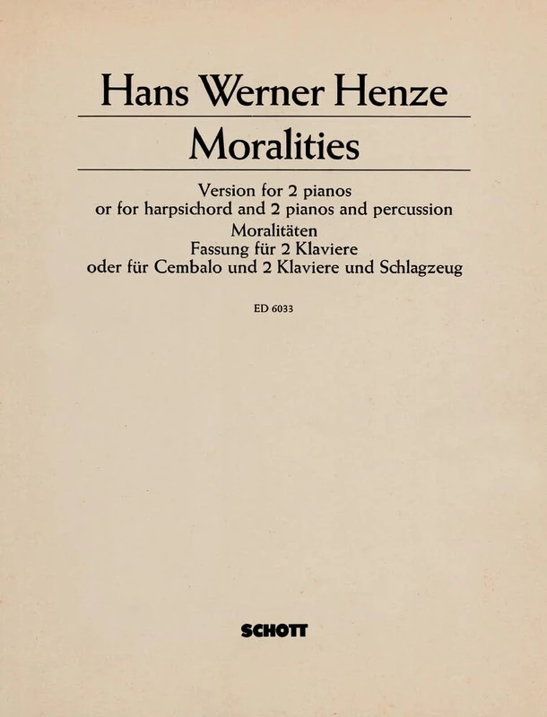 Moralities: 3 morality plays after Aesop's fables. mixed choir (SATB) with soloists (AB), speakers and small orchestra or 2 pianos and percussion. Réduction pour piano.
