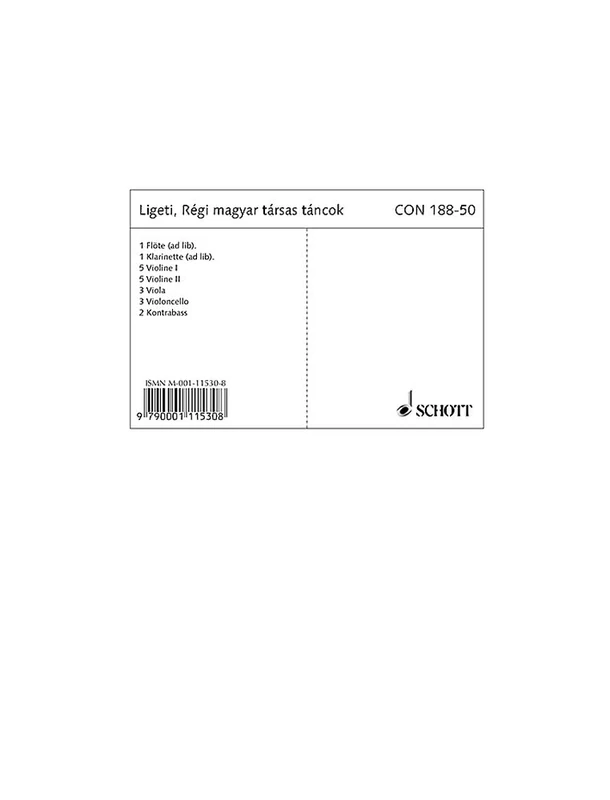 Régi magyar társas táncok: (Old Hungarian Ballroom Dances). flute, clarinet and strings. Jeu de parties.