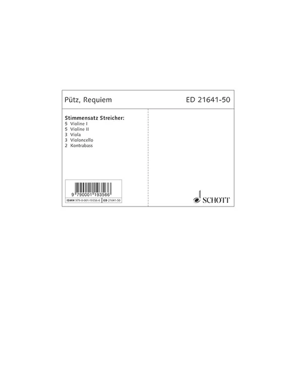 Requiem: after Texts from the Old and New Testament. soprano, baritone, mixed choir and orchestra (flute, oboe, cor anglais, bassoon, 2 horns in F, harpsichord, strings). Jeu de parties.