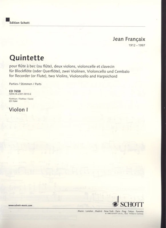 Quintet: for recorder (or flute), 2 violins, violoncello and harpsichord. recorder (flute), 2 violins, cello and harpsichord. Jeu de parties.
