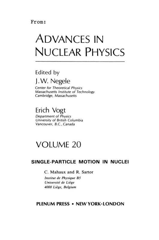 Advances in Nuclear Physics: Volume 20 (Springer Proceedings in Physics, 20)