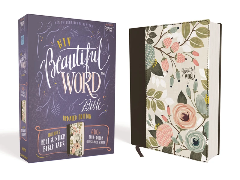 Niv, Beautiful Word Bible, Updated Edition, Peel/Stick Bible Tabs, Cloth Over Board, Multi-Color Floral, Red Letter, Comfort Print: 600+ Full-Color Illustrated Verses