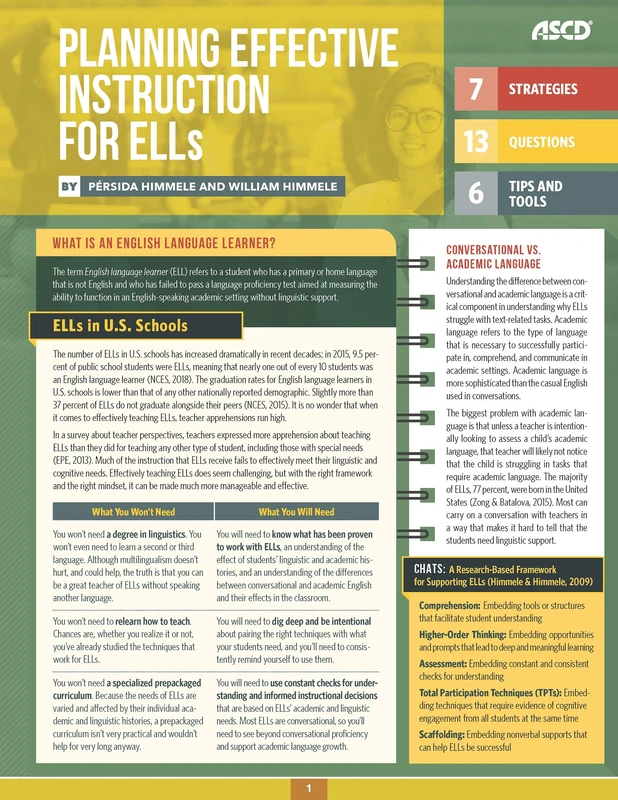 Planning Effective Instruction for ELLs (Quick Reference Guide 25-Pack)