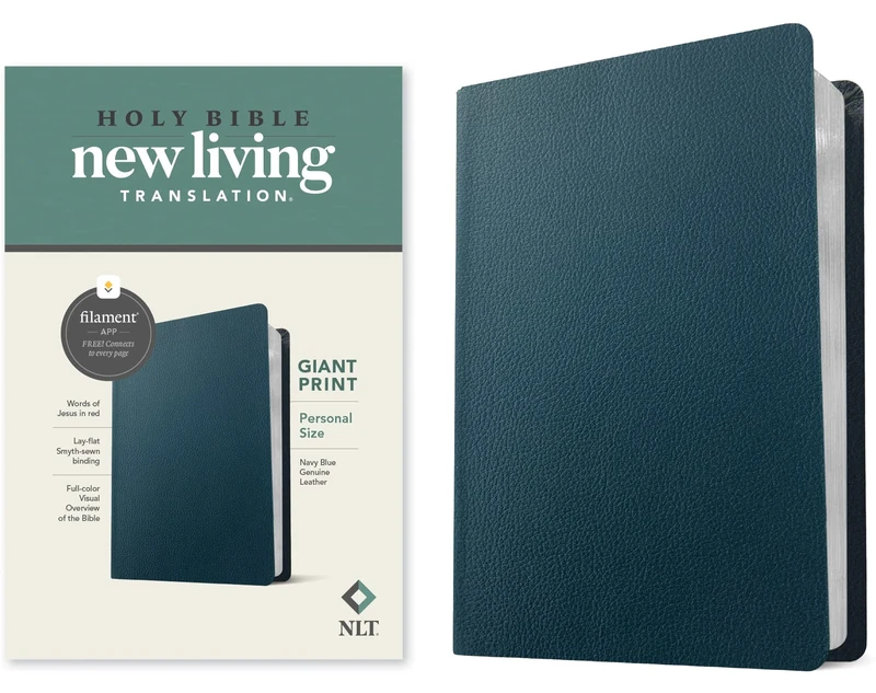 NLT Personal Size Giant Print Bible, Filament Edition: New Living Translation, Navy Blue, Genuine Leather, Personal Size, Filament Enabled Edition, Red Letter