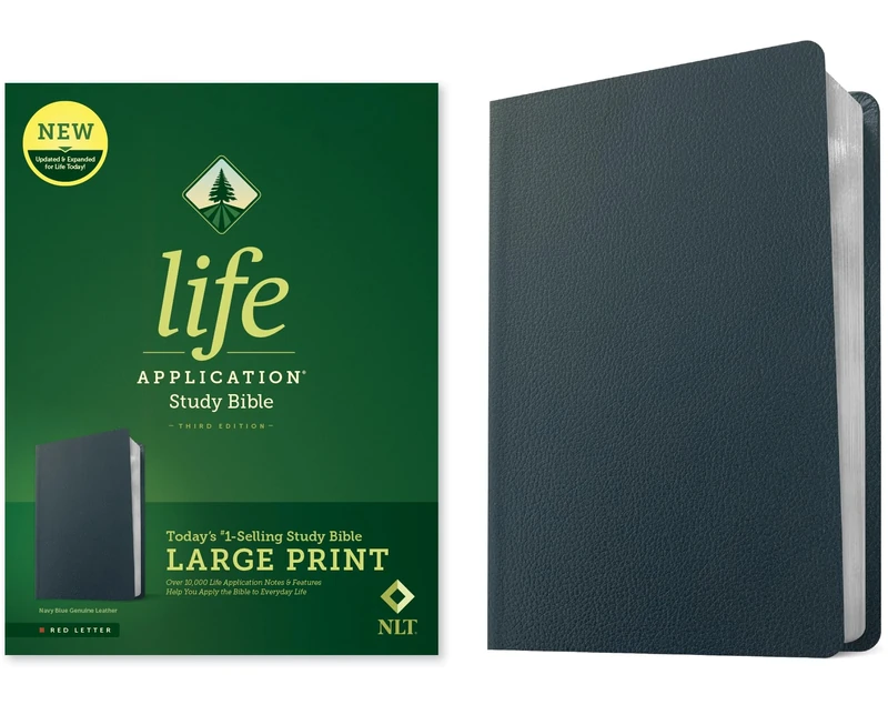 NLT Life Application Study Bible, Third Edition, Large Print: New Living Translation, Navy Blue, Genuine Leather, Life Application Study, Red Letter, With Ribbon Marker