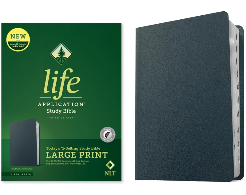 NLT Life Application Study Bible, Third Edition, Large Print: New Living Translation, Navy Blue, Genuine Leather, Life Application Study, Indexed, Red Letter, With Ribbon Marker