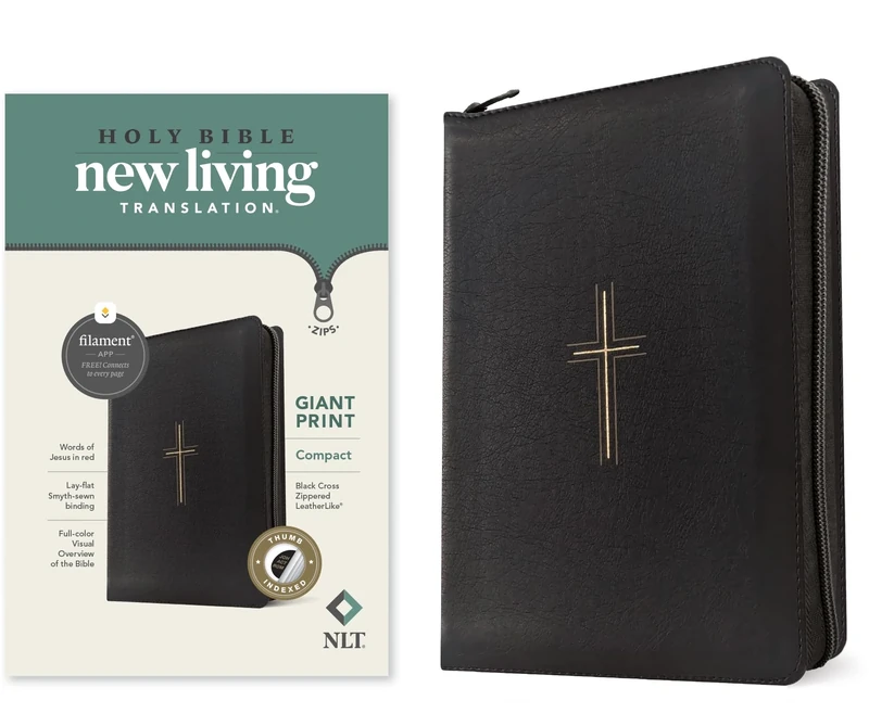 NLT Compact Giant Print Zipper Bible, Filament-Enabled Edition (Leatherlike, Black Cross, Indexed, Red Letter): New Living Translation, Black Cross, ... Thumb Index, Ribbon Marker and Zip Fastener
