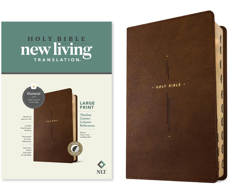 NLT Large Print Thinline Center-Column Reference Bible: New Living Translation, Brown Holy Cross, Leatherlike, Large Print Thinline Center-column ... Indexed, Red Letter With Ribbon Marker - Image 1