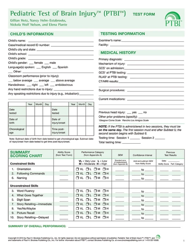Pediatric Test of Brain Injury (PTBI): Test Forms (Pack of 10)
