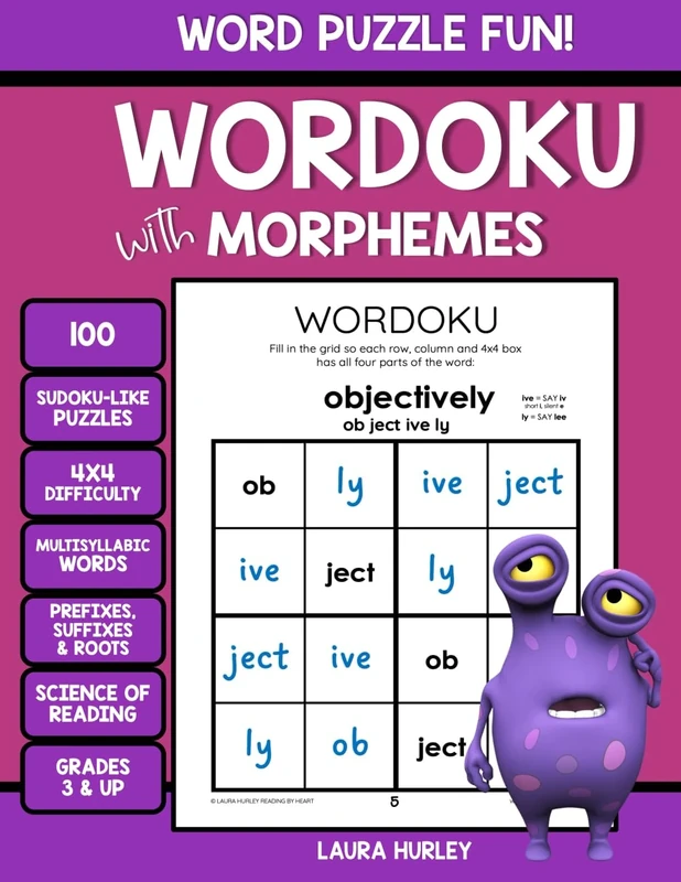 WORDOKU with Morphemes: Word Puzzle Fun - Multisyllabic Words with Prefixes, Suffixes & Roots - Science of Reading - 100 4x4 Sudoku–like Puzzles - Grades 3 & Up - Image 1
