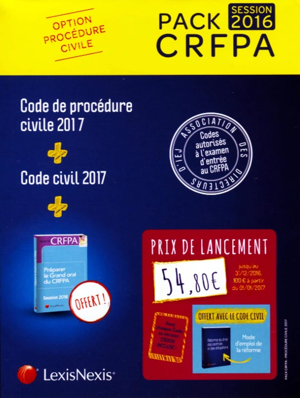 PACK CRFPA CIVIL : CODE CIVIL 2017 + CODE DE PROCEDURE CIVILE 2017 + PRIME ORAL: AVEC CHAQUE CODE SA VERSION EBOOK INCLUSE