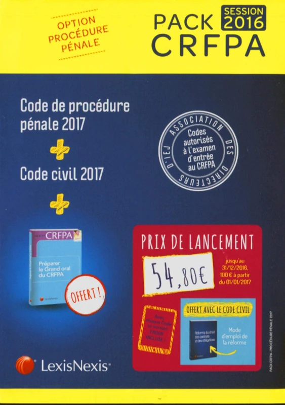 PACK CRFPA PENAL : CODE CIVIL 2017 + CODE DE PROCEDURE PENALE 2017 + PRIME ORAL: AVEC CHAQUE CODE SA VERSION EBOOK INCLUSE