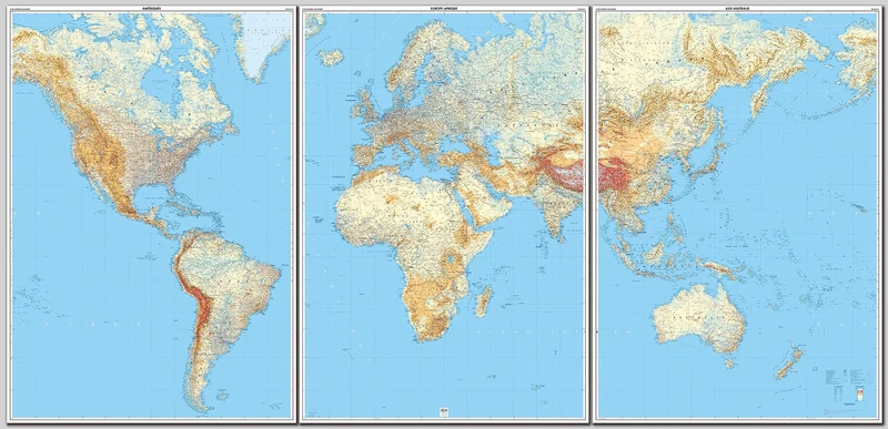 World physical 3 sheets wall map laminated