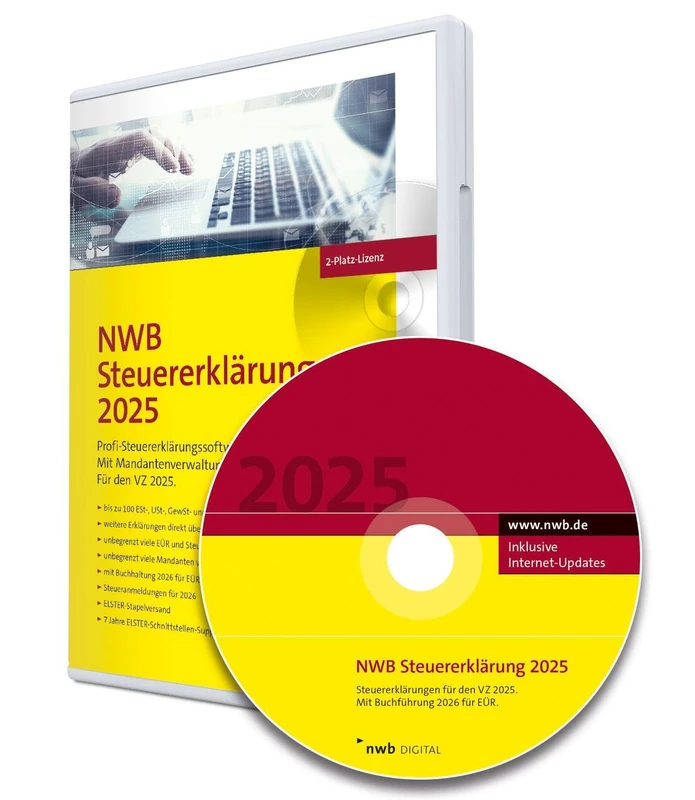 NWB Steuererklärung 2025 - 2-Platz-Lizenz: Profi-Steuererklärungssoftware. Für den VZ 2025. Mit Buchführung 2026 für EÜR. 7 Jahre Elster-Schnittstellen-Support. CD-Version.