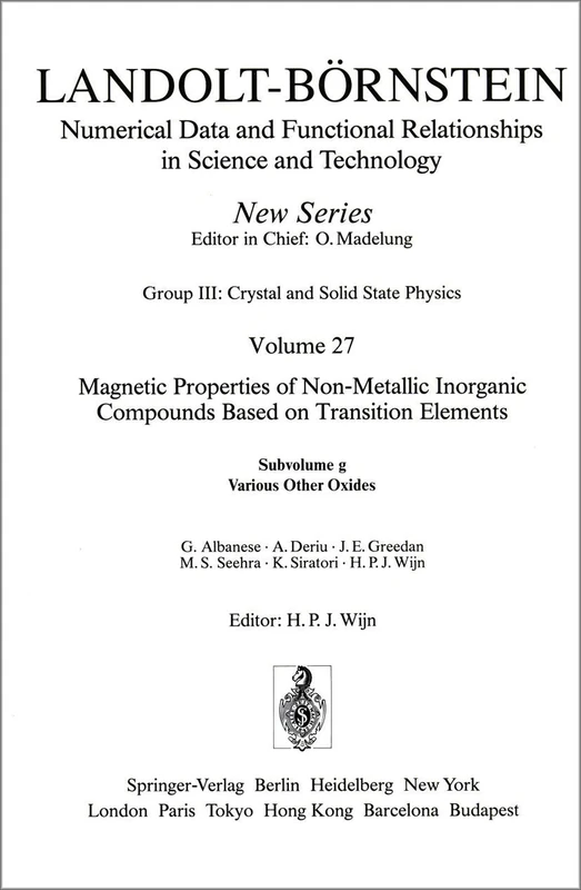 Various Other Oxides / Verschiedene andere Oxide: 27G (Landolt-Börnstein: Numerical Data and Functional Relationships in Science and Technology - New Series, 27G)