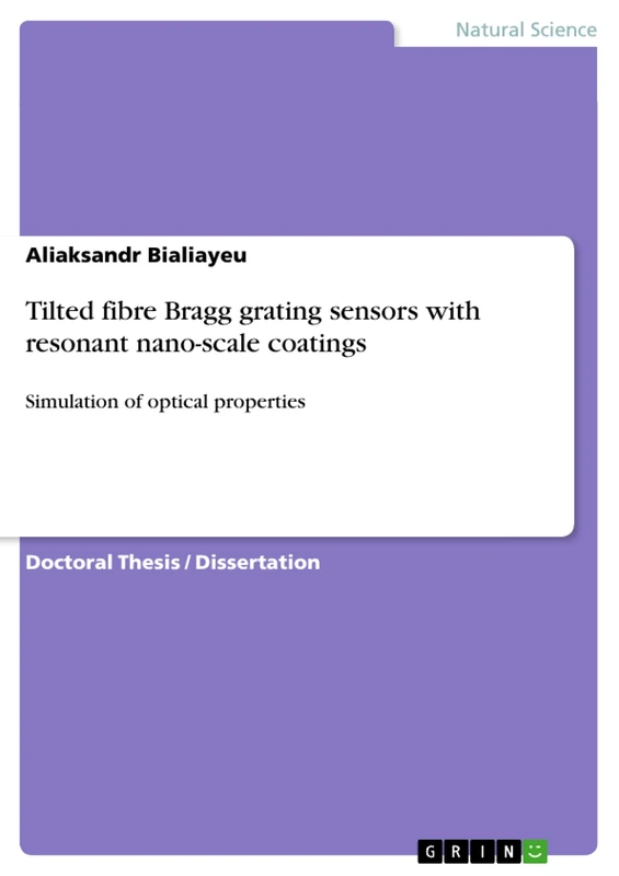 Tilted fibre Bragg grating sensors with resonant nano-scale coatings: Simulation of optical properties