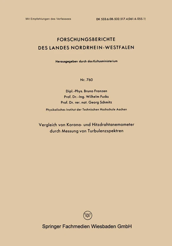 Vergleich von Korona- und Hitzdrahtanemometer durch Messung von Turbulenzspektren: 760 (Forschungsberichte des Landes Nordrhein-Westfalen, 760) - Image 1
