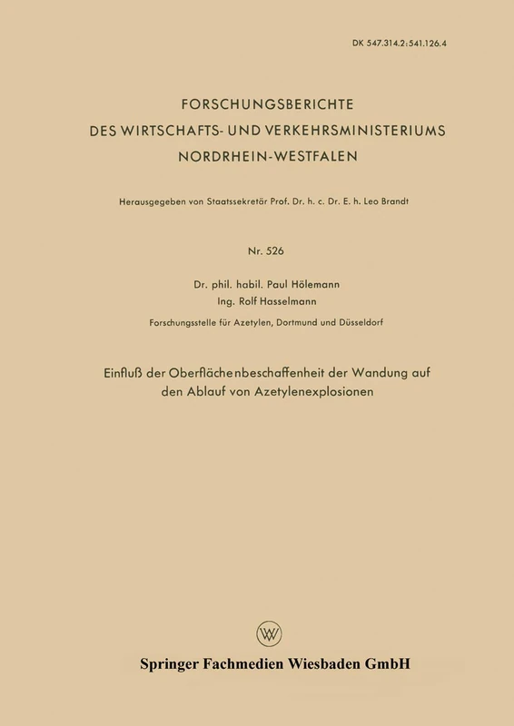 Einfluß der Oberflächenbeschaffenheit der Wandung auf den Ablauf von Azetylenexplosionen: 526 (Forschungsberichte des Wirtschafts- und Verkehrsministeriums Nordrhein-Westfalen, 526)