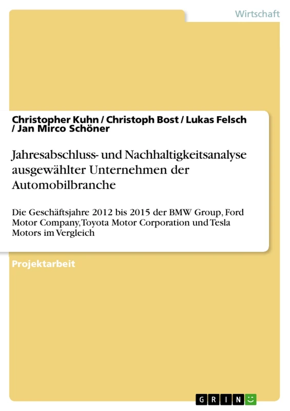 Jahresabschluss- und Nachhaltigkeitsanalyse ausgewählter Unternehmen der Automobilbranche: Die Geschäftsjahre 2012 bis 2015 der BMW Group, Ford Motor ... Corporation und Tesla Motors im Vergleich - Image 1