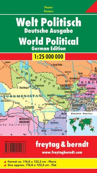 World political Map (German edition), Large-format, 1:25 million: Wall map magnetic marker board