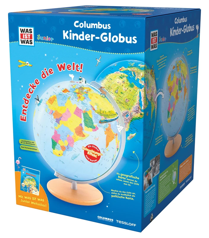WAS IST WAS Junior Columbus Kinder-Globus: Leuchtglobus, Durchmesser 26 cm, Extra: mit Weltatlas - Image 1