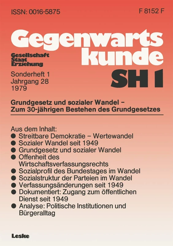 Grundgesetz und sozialer Wandel ― zum 30. Jahrestag der Verfassung der Bundesrepublik Deutschland: 1 (Gegenwartskunde - Sonderheft, 1)