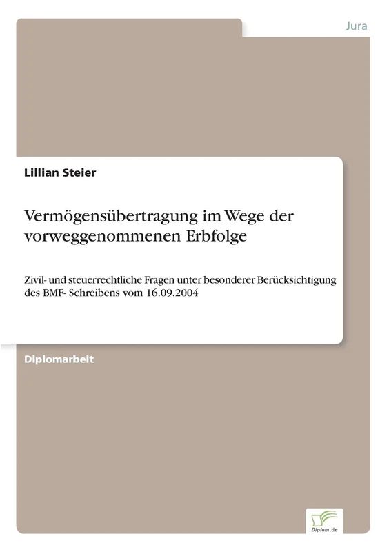 Vermögensübertragung im Wege der vorweggenommenen Erbfolge: Zivil- und steuerrechtliche Fragen unter besonderer Berücksichtigung des BMF- Schreibens vom 16.09.2004 - Image 1