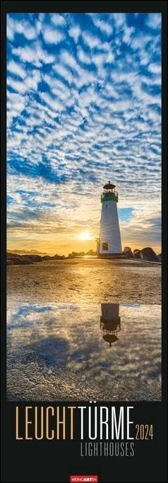 Leuchttürme Kalender 2024. Langer Bild-Kalender mit 12 spektakulären Fotos. Wandkalender XXL 2024. Vertikaler Kalender mit atemberaubenden Landschaftsfotografien. 34x98 cm.