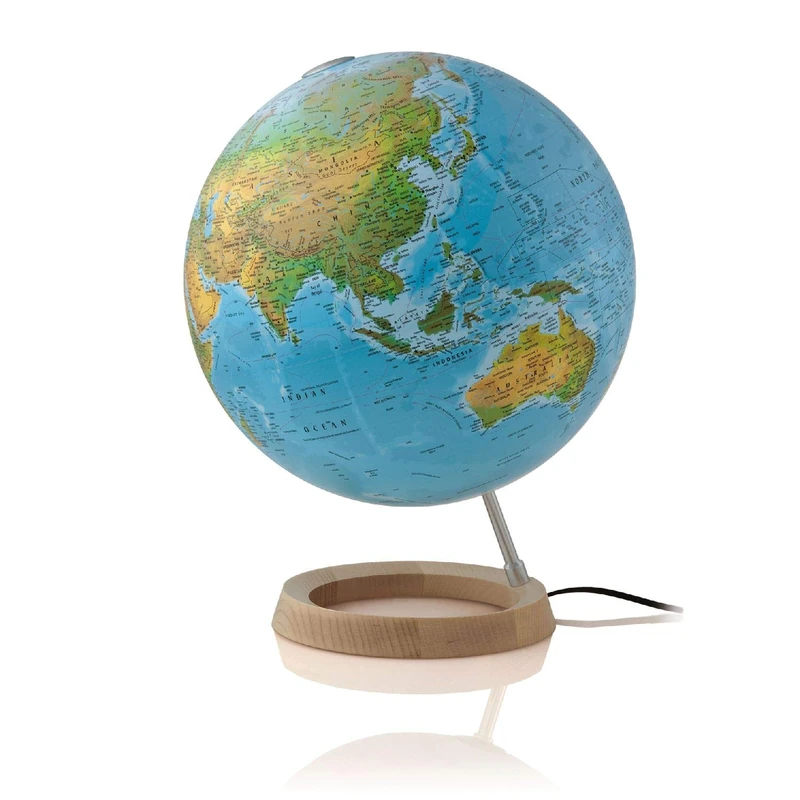 Globus Full Circle 2: Doppelbild-Leuchtglobus 30 cm, ringförmiger Ahornholzfuß und Schrägstütze, Kabel integriert