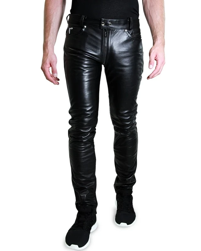 Bockle® 1991 Gay-Zip Jeans Tube Skinny Slim Fit Man Leather Pants Trousers Full Zip Leather Jeans Men Genuine Leather, Size: 30W / 32L Black