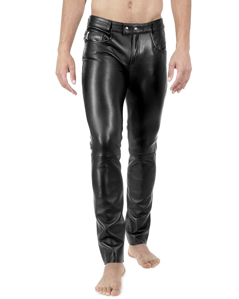Bockle® 1991 Super-Stretch Tube Black Men Stretch Leather Pants, Size: W42/L38